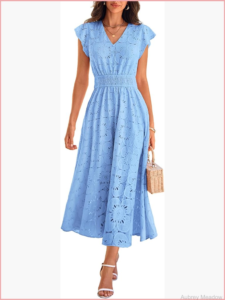 V Neck Short Sleeve Ruffled Maxi Dress With Pockets Beach Wedding Guest